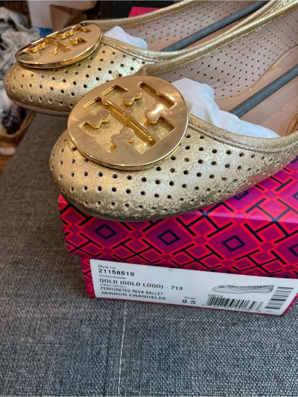 Tory Burch Reva Metallic Gold Perforated Ballet Flats Logo Medallion size 9.5